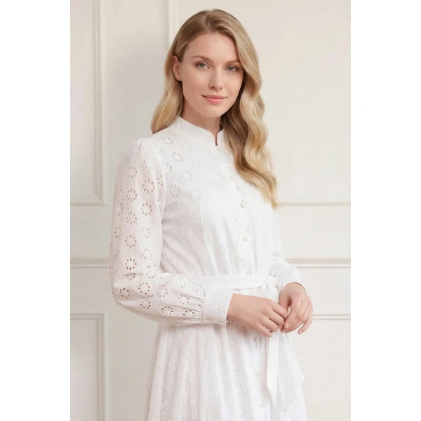 Needle and Thread Romilly Cotton Broderie Long Sleeve Shirt Dress in Optic White, view 3