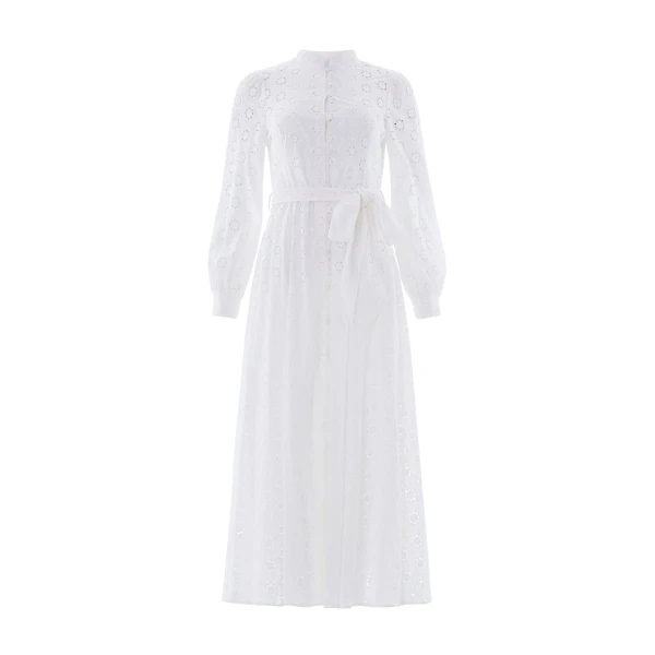 Needle and Thread Romilly Cotton Broderie Long Sleeve Shirt Dress in Optic White