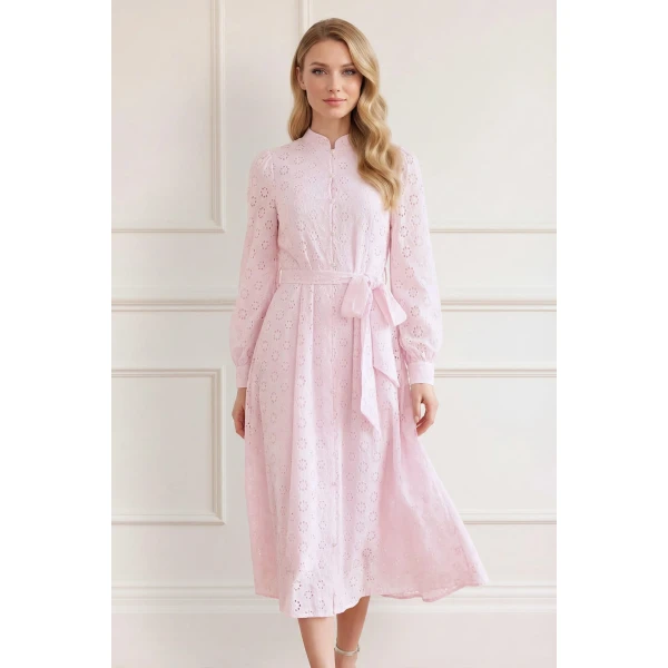 Needle and Thread Romilly Cotton Broderie Long Sleeve Shirt Dress in Shell, view 2
