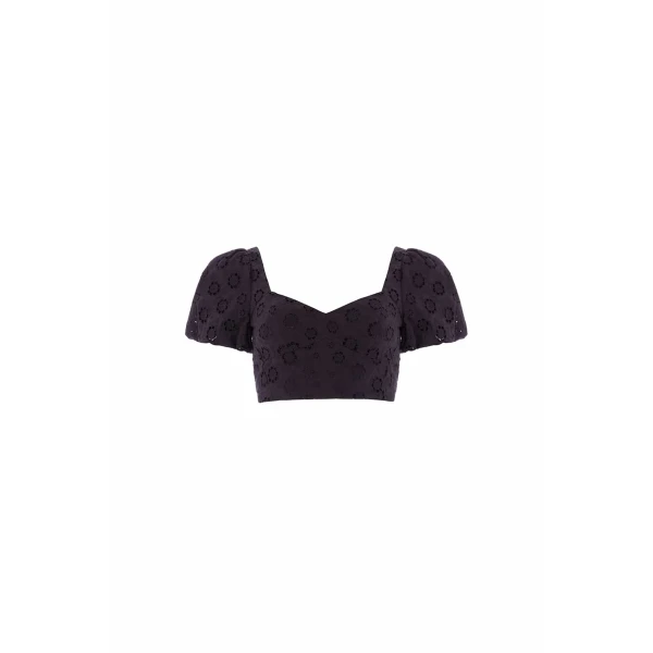 Needle & Thread Romilly Cotton Broderie Top in Jet Black - Tops - British Luxury Evening Wear at Luxury Shoes 