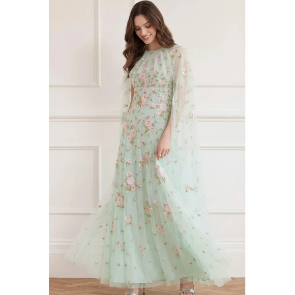 Needle and Thread Rose Bloom Cape Gown in Sea Mist, view 2