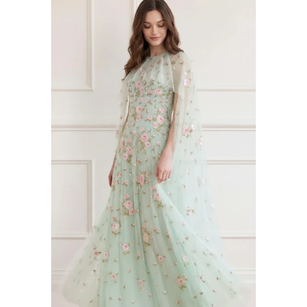 Needle and Thread Rose Bloom Cape Gown in Sea Mist, view 3