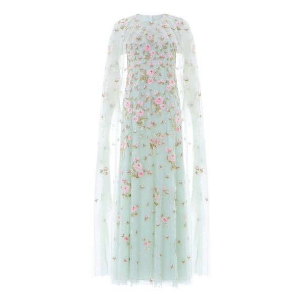 Needle and Thread Rose Bloom Cape Gown in Sea Mist