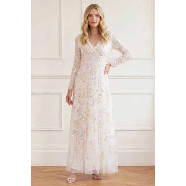 Needle and Thread Sequin Paradise V-Neck Gown in Swan White/Multi, view 2