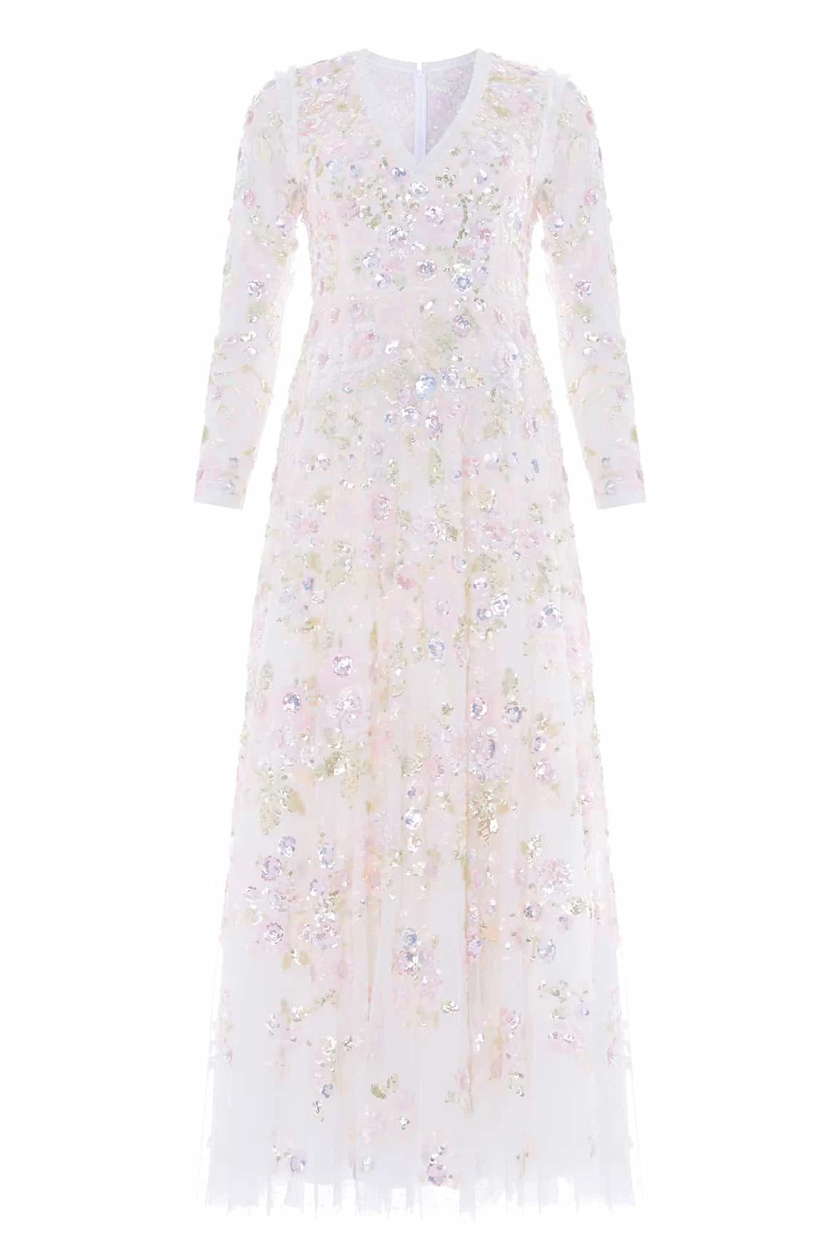 Needle and Thread Sequin Paradise V-Neck Gown in Swan White/Multi