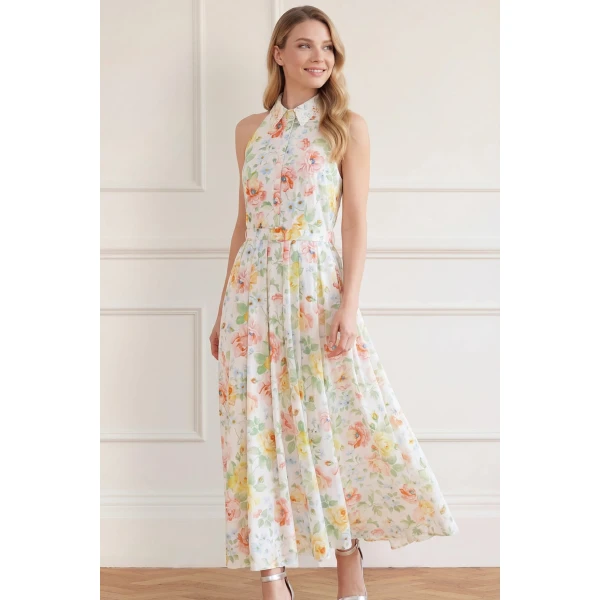 Needle and Thread Sienna Rose Cotton Halter Ankle Gown in Optic White, view 2