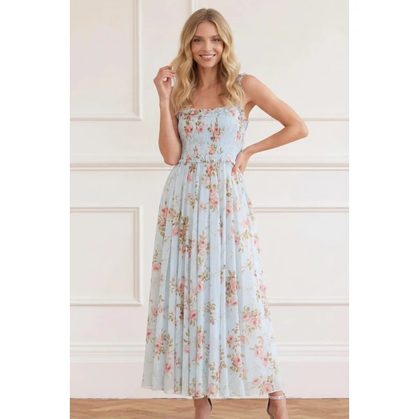 Needle and Thread Summer’s Rose Chiffon Smocked Cami Ankle Gown in Aqua, view 2