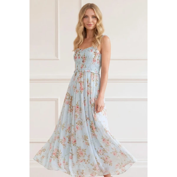 Needle and Thread Summer’s Rose Chiffon Smocked Cami Ankle Gown in Aqua, view 3