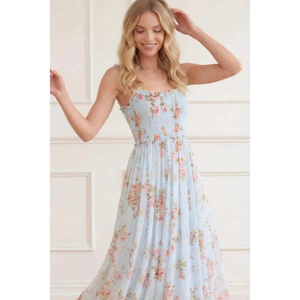Needle and Thread Summer’s Rose Chiffon Smocked Cami Ankle Gown in Aqua, view 4