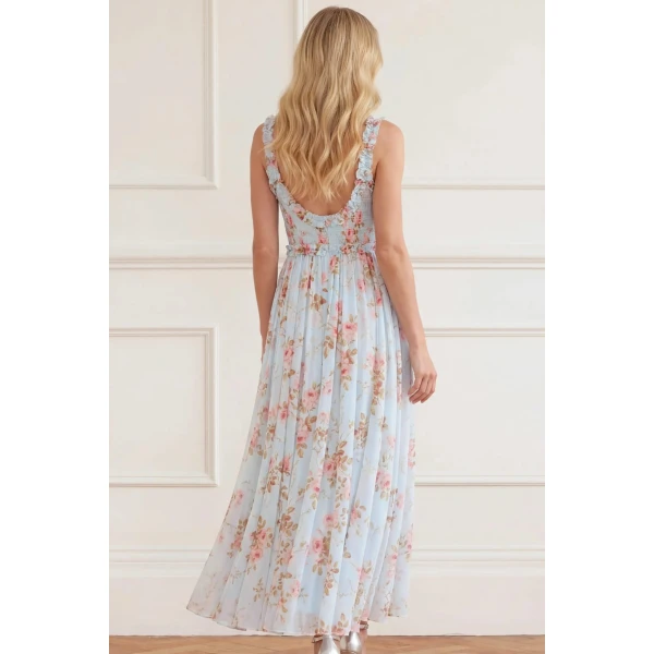 Needle and Thread Summer’s Rose Chiffon Smocked Cami Ankle Gown in Aqua, view 5