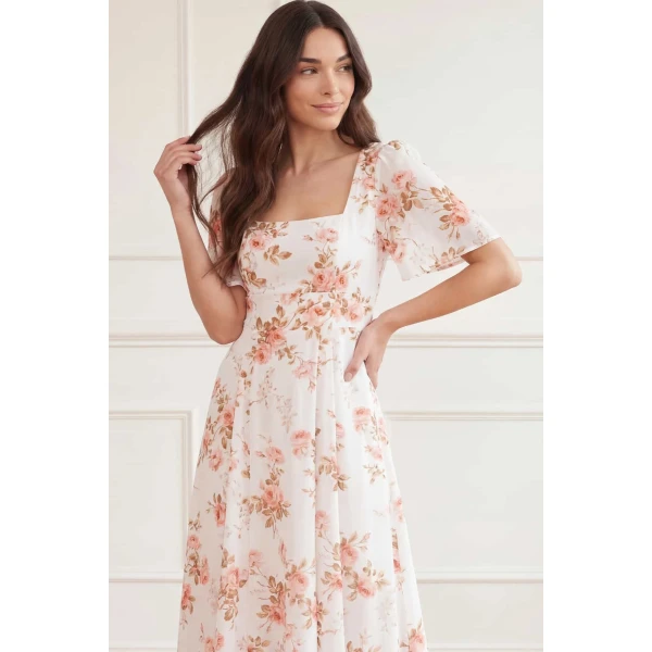 Needle and Thread Summer’s Rose Linen Blend Short Sleeve Ankle Gown in White, view 4