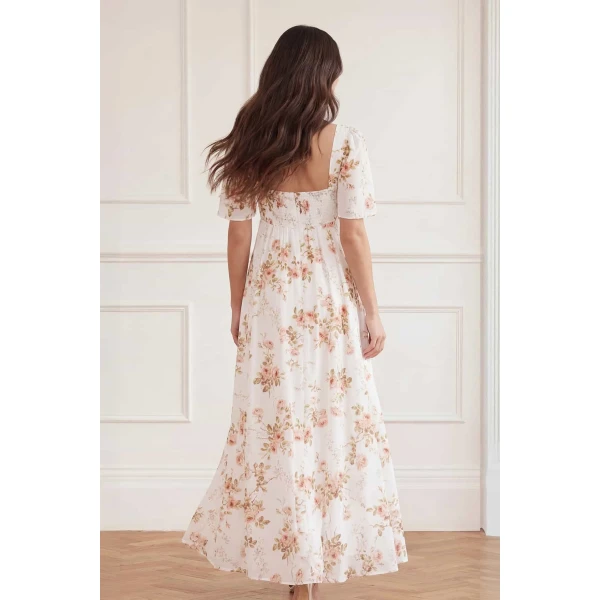 Needle and Thread Summer’s Rose Linen Blend Short Sleeve Ankle Gown in White, view 5