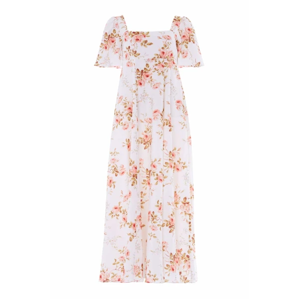 Needle and Thread Summer’s Rose Linen Blend Short Sleeve Ankle Gown in White