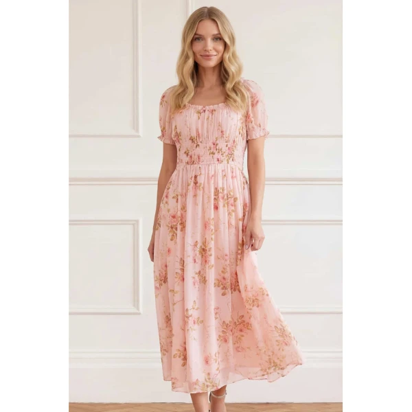 Needle and Thread Summer’s Rose Shirred Short Sleeve Ballerina Dress in Pale Pink, view 2