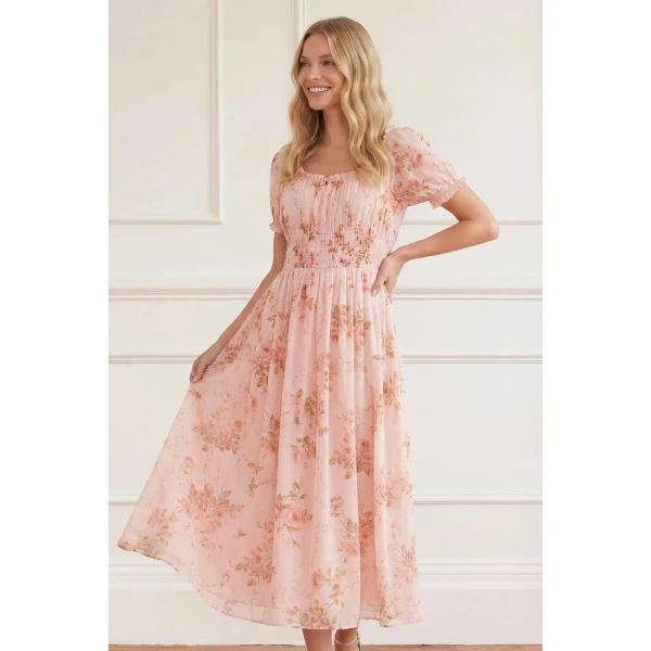 Needle and Thread Summer’s Rose Shirred Short Sleeve Ballerina Dress in Pale Pink, view 3