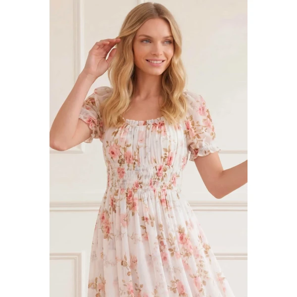 Needle and Thread Summer’s Rose Shirred Short Sleeve Ballerina Dress in White, view 4