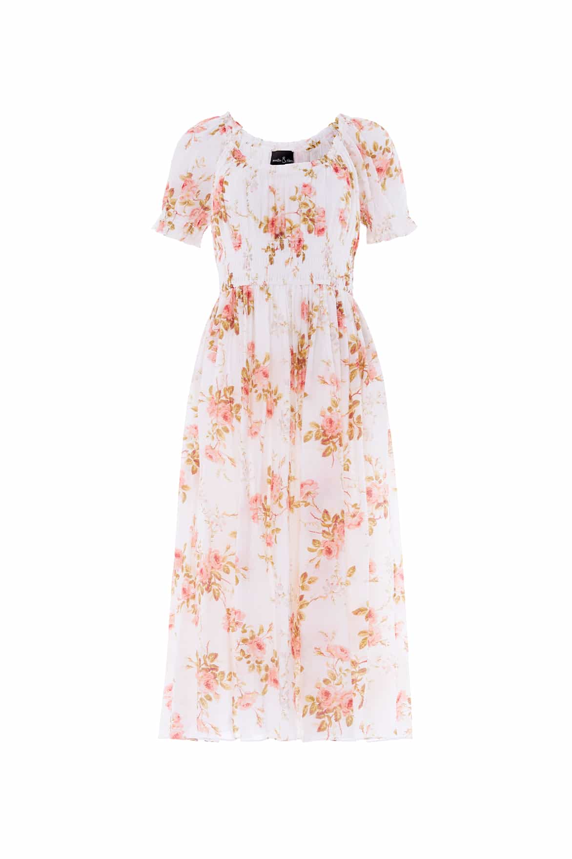 Needle & Thread Summer's Rose Shirred Short Sleeve Ballerina Dress in White - Dresses - British Luxury Evening Wear at Luxury Shoes 