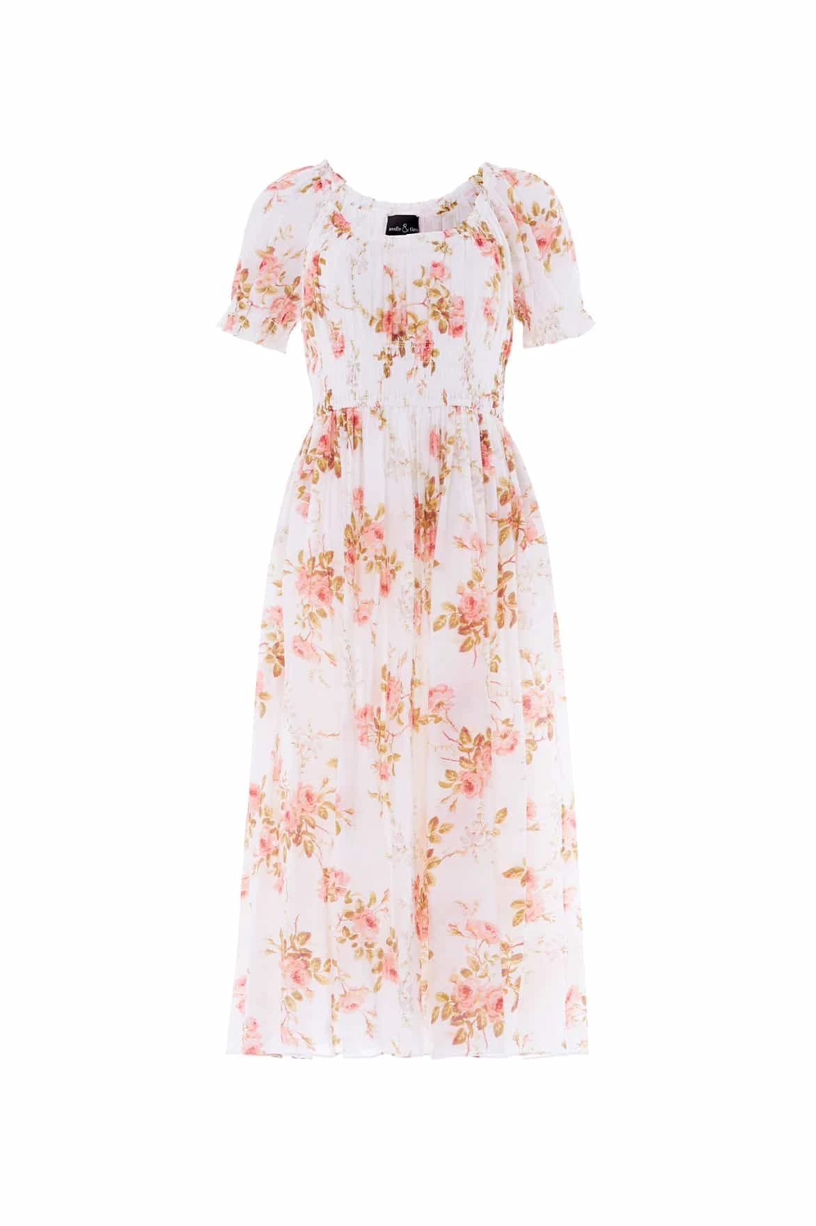 Needle and Thread Summer’s Rose Shirred Short Sleeve Ballerina Dress in White