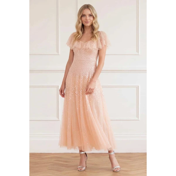 Needle and Thread Sunrise Sequin V-Neck Ankle Gown in Apricot Blush, view 3