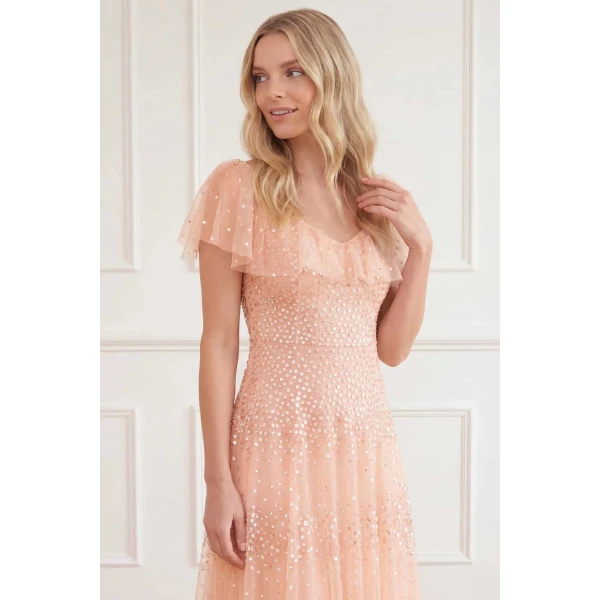 Needle and Thread Sunrise Sequin V-Neck Ankle Gown in Apricot Blush, view 5
