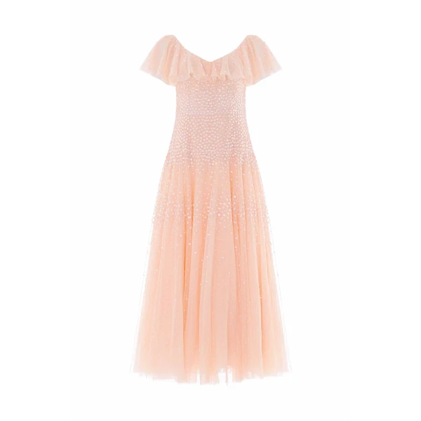 Needle and Thread Sunrise Sequin V-Neck Ankle Gown in Apricot Blush