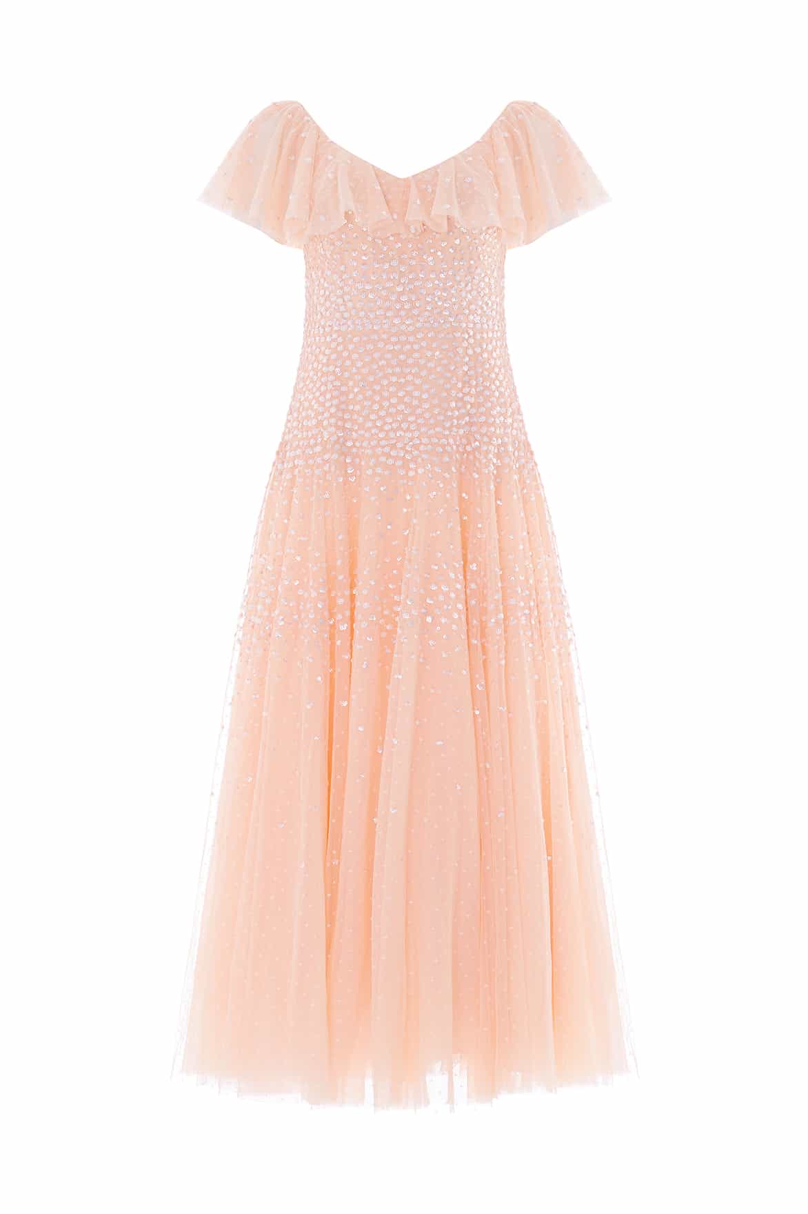 Needle & Thread Sunrise Sequin V-Neck Ankle Gown in Apricot Blush - Dresses - British Luxury Evening Wear at Luxury Shoes 