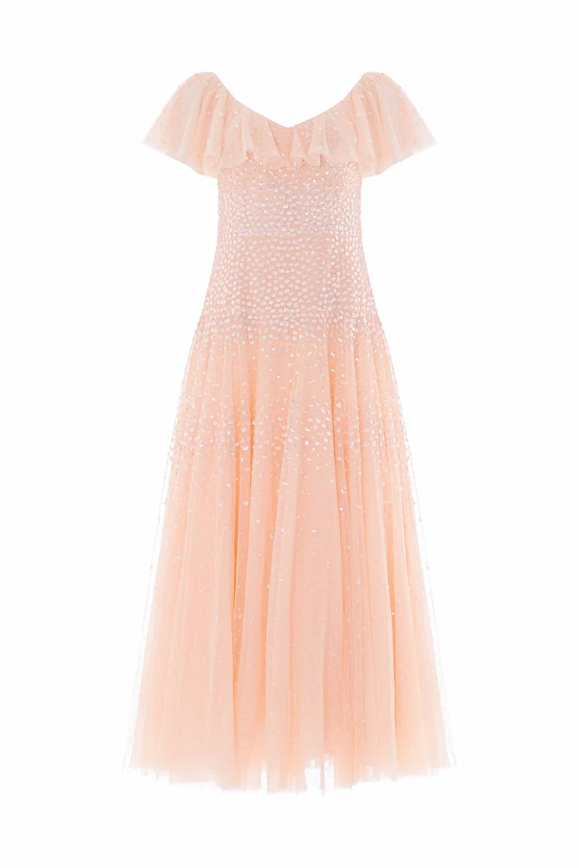 Needle and Thread Sunrise Sequin V-Neck Ankle Gown in Apricot Blush