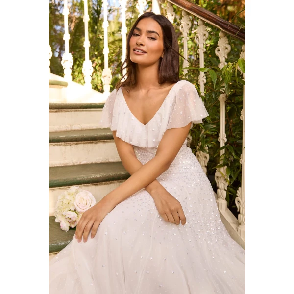 Needle and Thread Sunrise Sequin V-Neck Ankle Gown in Swan White, view 2