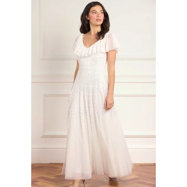 Needle and Thread Sunrise Sequin V-Neck Ankle Gown in Swan White, view 3