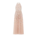 Needle and Thread Trailing Roses Halter-Neck Ankle Gown in Biscuit/White