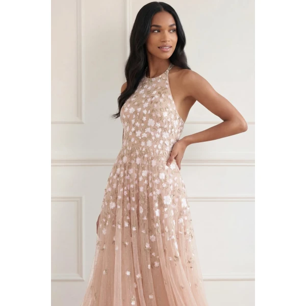 Needle and Thread Trailing Roses Halter-Neck Ankle Gown in Biscuit/White, view 3