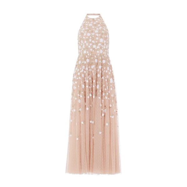 Needle and Thread Trailing Roses Halter-Neck Ankle Gown in Biscuit/White