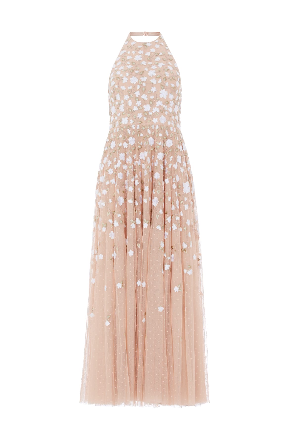 Needle & Thread Trailing Roses Halter-Neck Ankle Gown in Biscuit/White - Dresses - British Luxury Evening Wear at Luxury Shoes 
