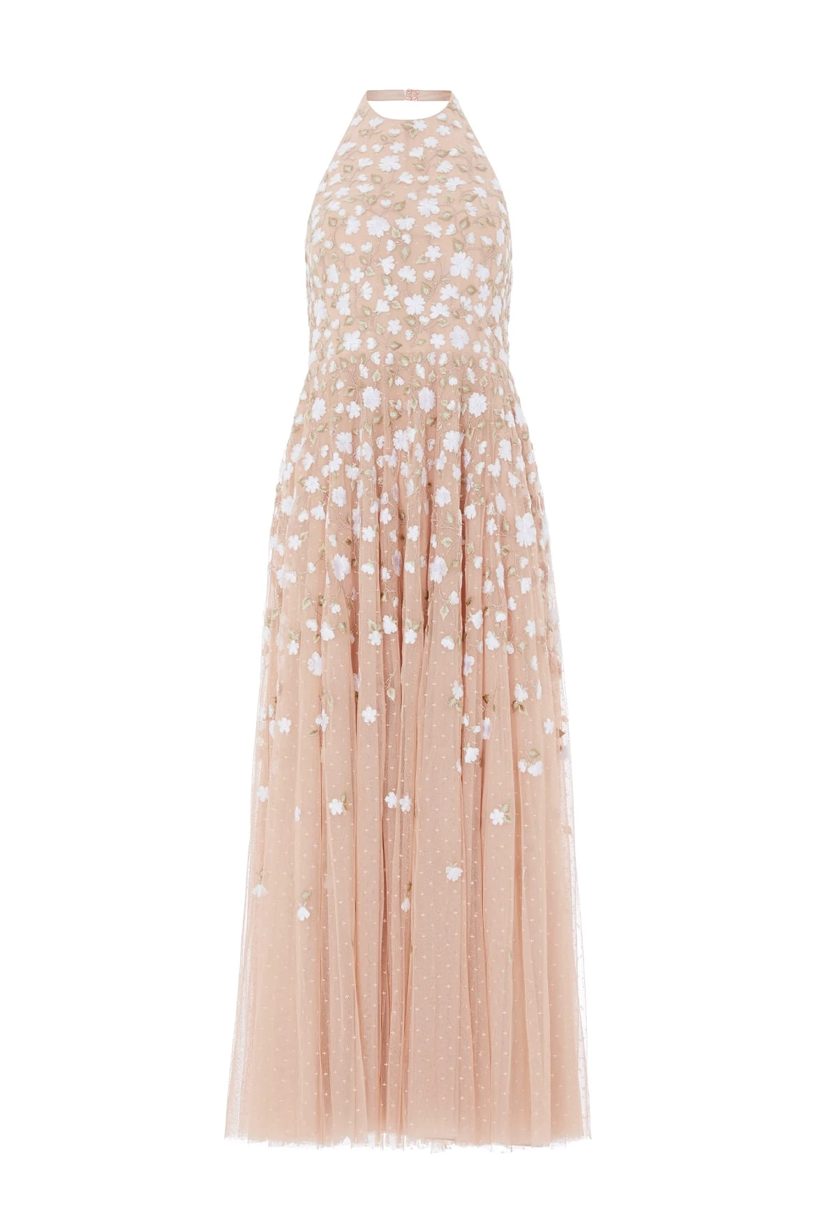 Trailing Roses Halter-Neck Ankle Gown in Biscuit/White