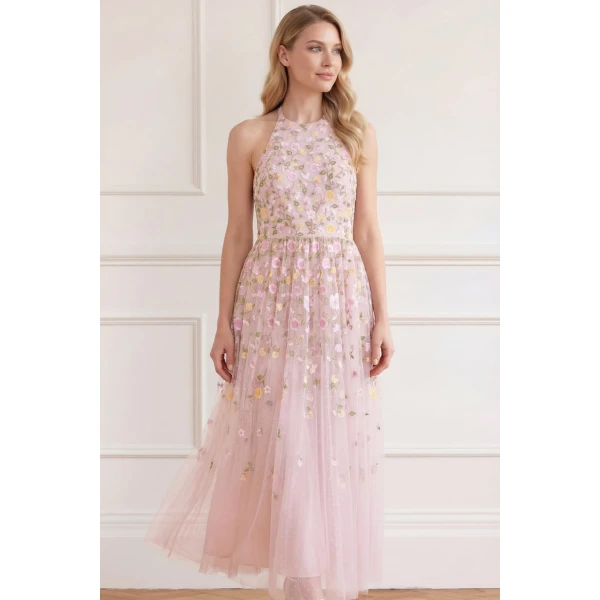 Needle and Thread Trailing Roses Halter-Neck Ankle Gown in Shell/Multi, view 2