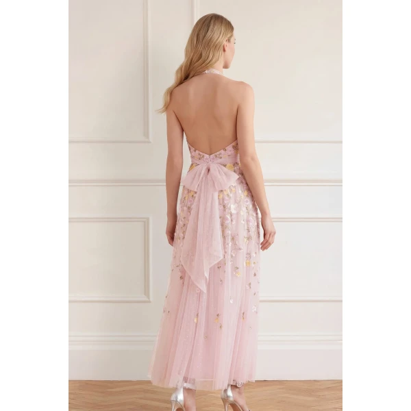 Needle and Thread Trailing Roses Halter-Neck Ankle Gown in Shell/Multi, view 5