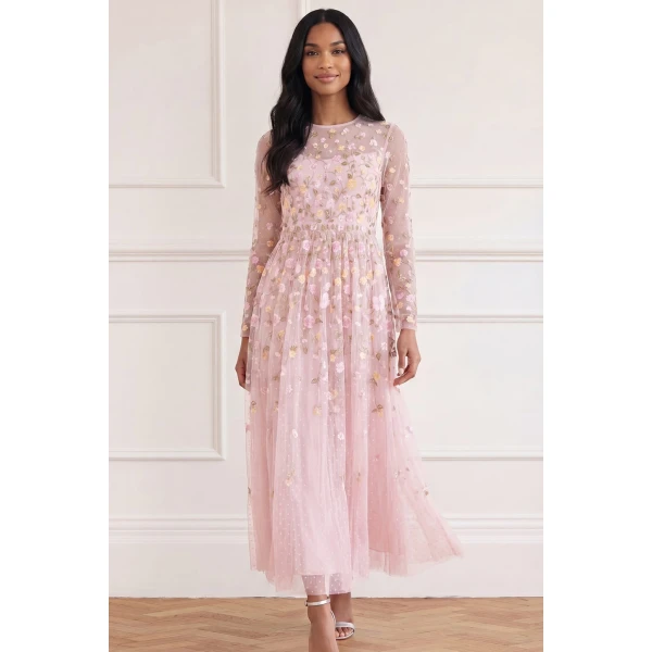Needle and Thread Trailing Roses Long Sleeve Ankle Gown in Shell/Multi, view 2