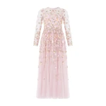 Needle and Thread Trailing Roses Long Sleeve Ankle Gown in Shell/Multi