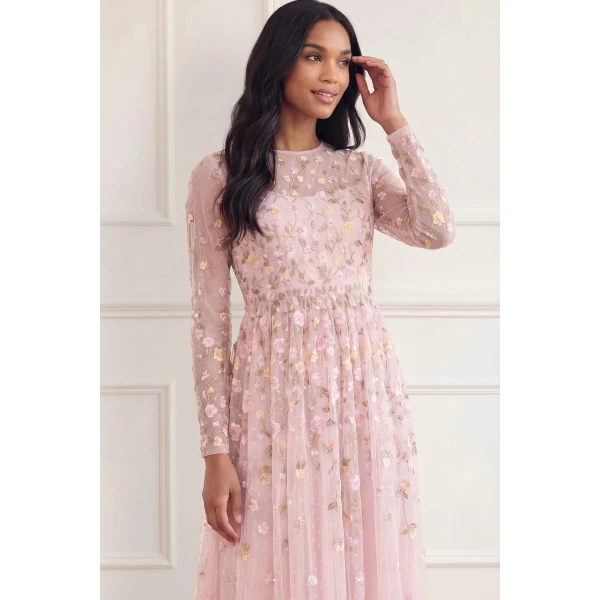 Needle and Thread Trailing Roses Long Sleeve Ankle Gown in Shell/Multi, view 4