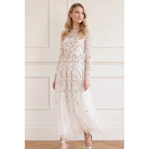 Needle and Thread Trailing Roses Long Sleeve Ankle Gown in Swan/White, view 3