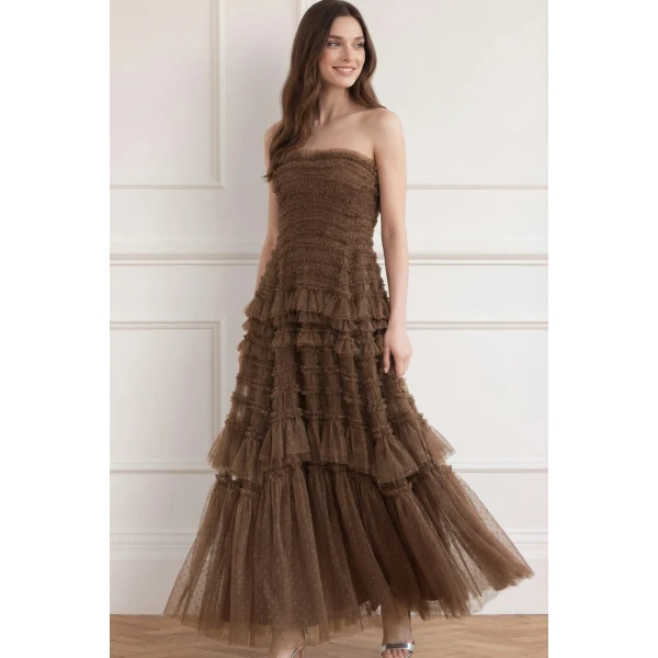 Needle and Thread Valentine Ruffle Strapless Gown in Cocoa, view 2