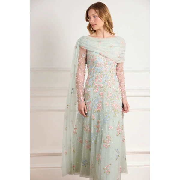 Needle and Thread Versailles Ditsy Draped Long Sleeve Ankle Gown in Sea Mist/Bright, view 2