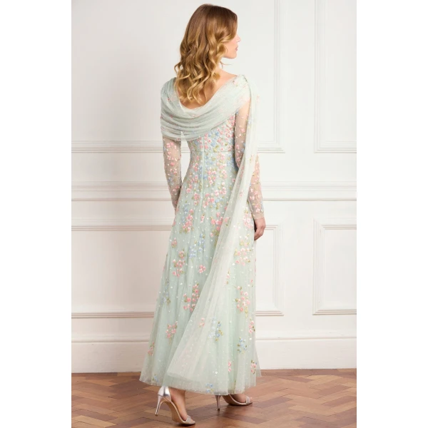 Needle and Thread Versailles Ditsy Draped Long Sleeve Ankle Gown in Sea Mist/Bright, view 4