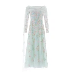 Needle and Thread Versailles Ditsy Draped Long Sleeve Ankle Gown in Sea Mist/Bright