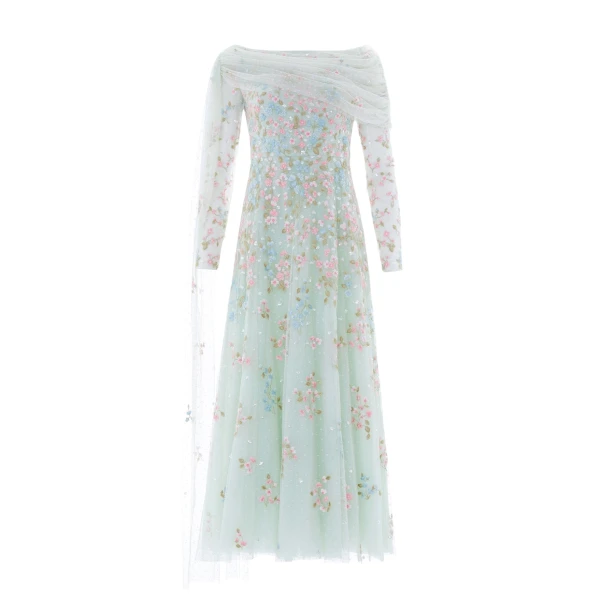 Needle and Thread Versailles Ditsy Draped Long Sleeve Ankle Gown in Sea Mist/Bright