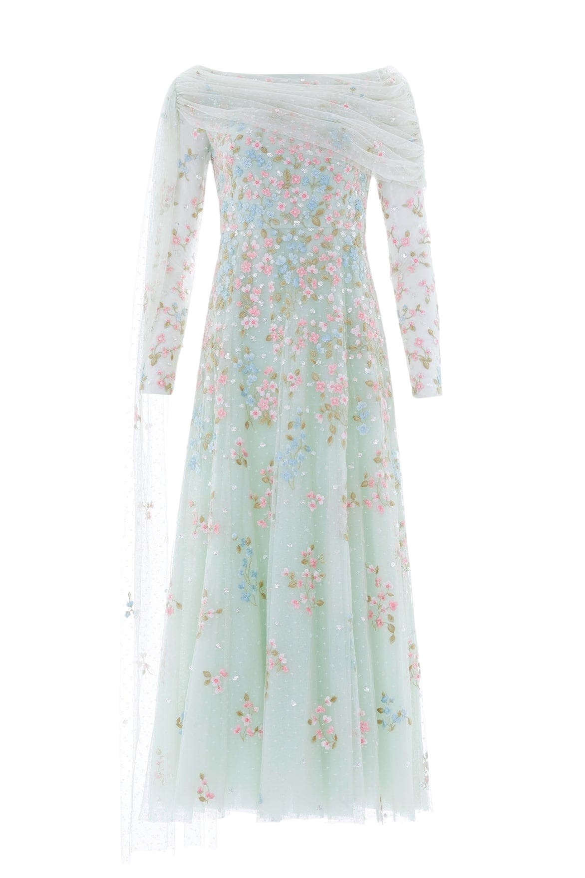 Needle & Thread Versailles Ditsy Draped Long Sleeve Ankle Gown in Sea Mist/Bright - Dresses - British Luxury Evening Wear at Luxury Shoes 