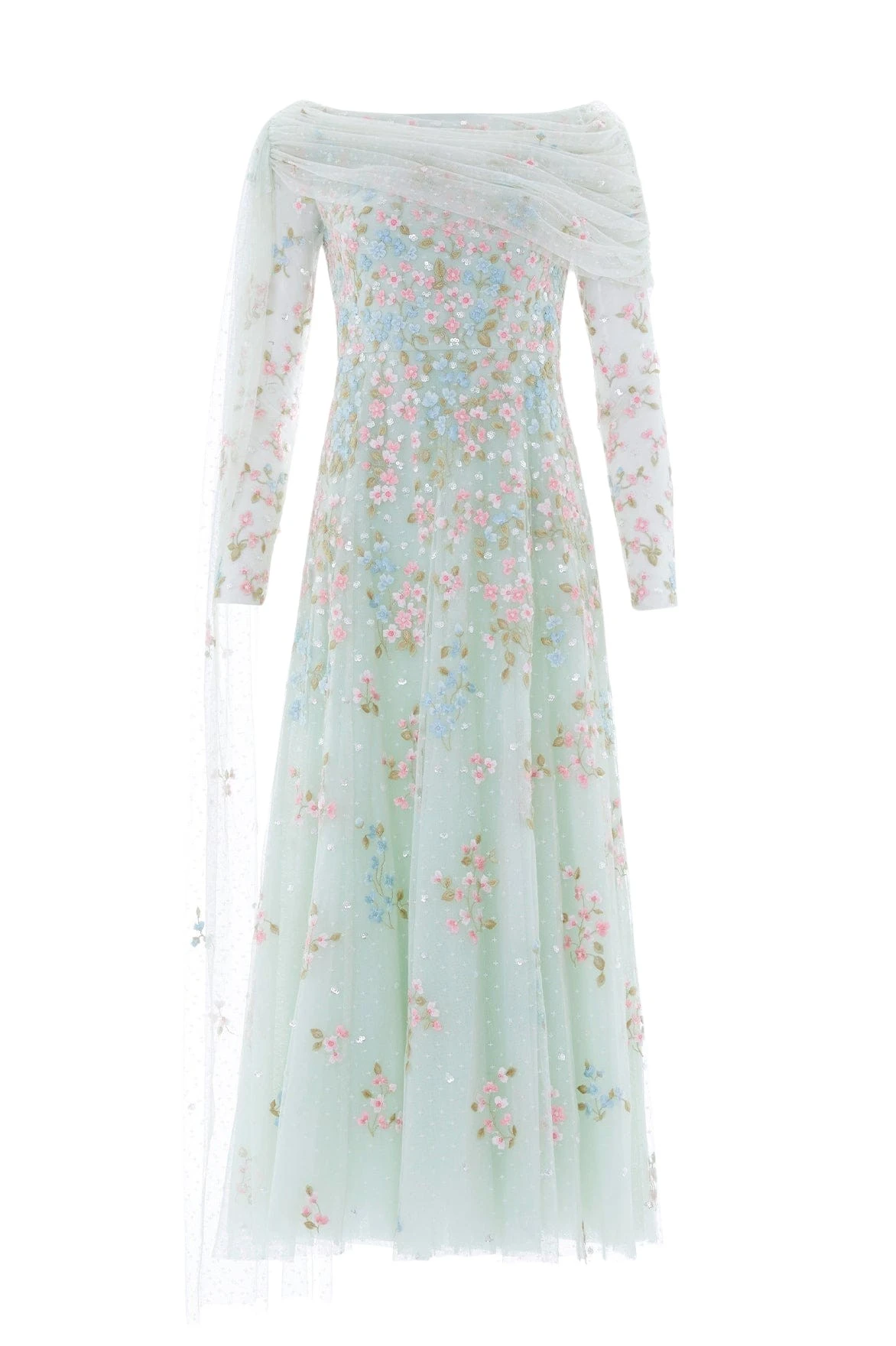 Needle and Thread Versailles Ditsy Draped Long Sleeve Ankle Gown in Sea Mist/Bright