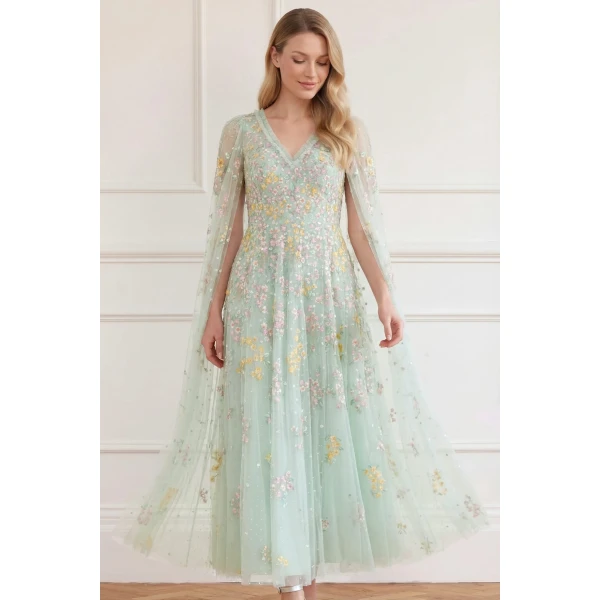 Needle and Thread Versailles Ditsy V-Neck Cape Sleeve Ankle Gown in Sea Mist/Pale, view 2