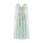 Needle and Thread Versailles Ditsy V-Neck Cape Sleeve Ankle Gown in Sea Mist/Pale