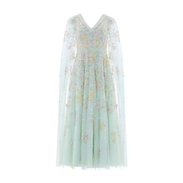 Needle and Thread Versailles Ditsy V-Neck Cape Sleeve Ankle Gown in Sea Mist/Pale